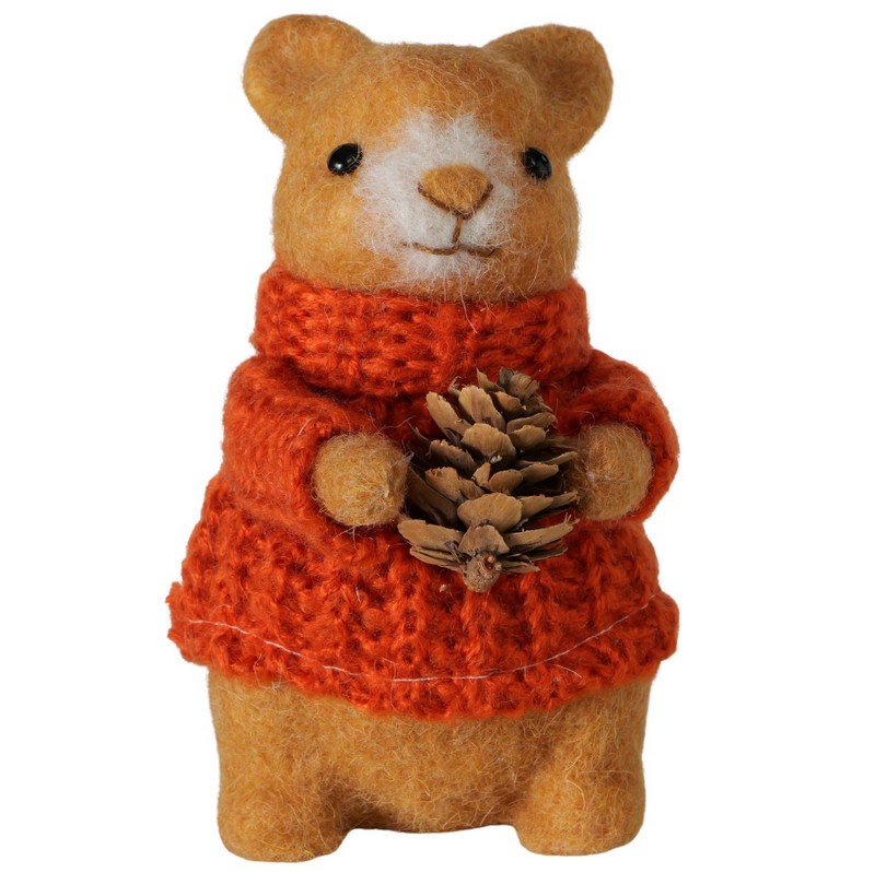 Criceto fatto a mano in lana cotta con maglione arancione e pigna, ideale come decoro autunnale